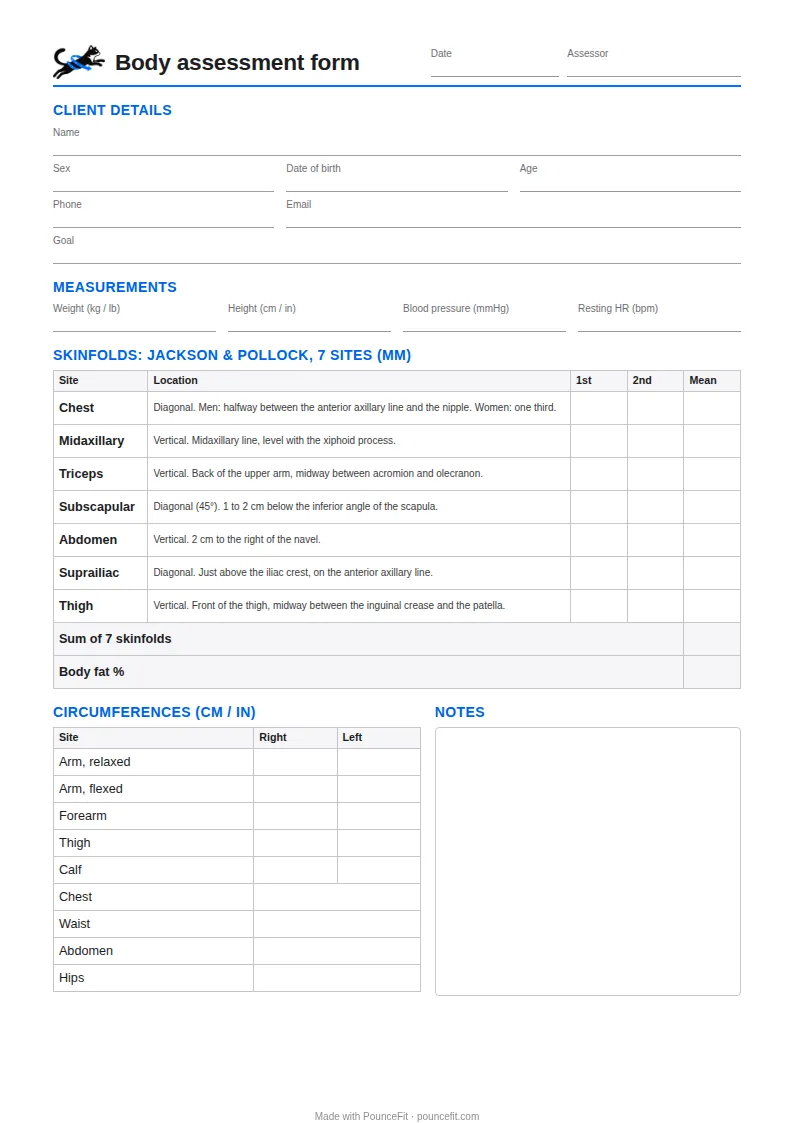 Blank body assessment form: client details, measurements, Jackson & Pollock 7 skinfold sites with locations, circumferences and notes